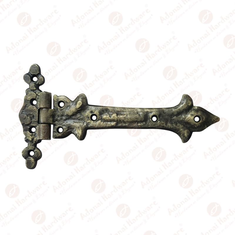 Image of Adonai Hardware Adonijah Antique Cast Iron Strap T Hinge (7.9 inch x 2 Pack, Antique Brass) for Barn Doors, Gates, Kitchen Cabinets, Sheds, Wooden Box, Furniture, Cedar Chest and Trunks