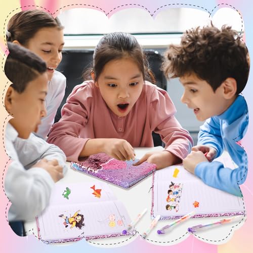 Image of Outus 4 Pcs Sequin Girls Journal Valentines Journal Gift with Color Gel Ink Pens Glitter Notebook Flip Writing Diary for Kids Girl Writing Drawing Travel Gifts(Gradient Pink,Heart)