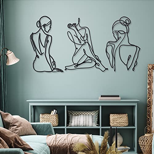 3 Pieces Metal Wall Art Decor Minimalist Abstract Woman Wall Art Modern Line Drawing Wall Art Decor Metal Female Single Line Wall Home Hanging For Bedroom Kitchen Bathroom Living Room (Black, Retro) #TOP1