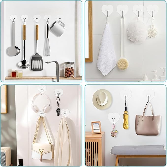 Image of 10 PCS Adhesive Hook for Hanging Heart Love Shape Heavy Duty Waterproof Transparent Sticky Hooks No Drill Nail Free Utility Wall Hangers for Kitchen Bathroom Bedroom Keys Towels