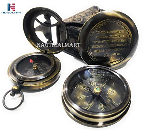 Brújula de latón vintage grabada con estuche de cuero miniatura 4