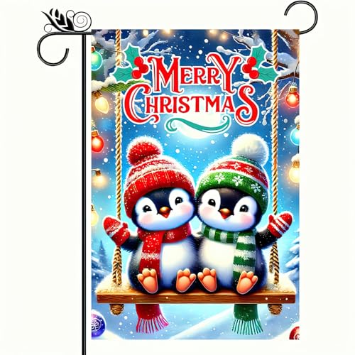 Image of BlissYard Christmas Penguin Garden Flag 12x18 Inch Polyester | Double sided polyester, Christmas penguin couple snowflakes design, winter home decor for holiday porch and yard