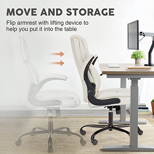 Sweetcrispy Ergonomic Office Chair, PU Leather, Flip-up Arms and Adjustable Height, Big and Tall Executive Desk Chair with Wheels for Home Office, White image 8