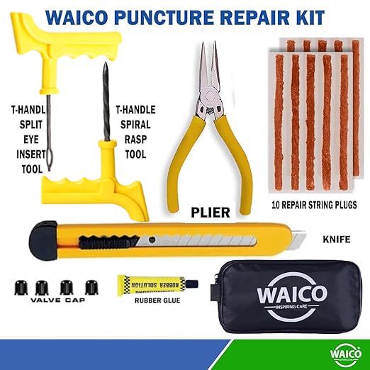 Image of WAICO 6 in 1 Universal Tubeless Tyre Puncture Kit | with Tools, Plier, Knief, Puncture Strips, & Storage Bag | Emergency Flat Tire Repair Tool Set for Car, Bike, SUV, & Motorcycle.