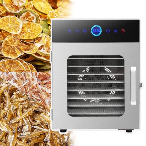 Deshidratador de frutas (8/10/12/16 capas), temperatura ajustable: 30-90 °C + temporizador de 24 h, circulación de aire caliente de 360 ° + panel táctil inteligente, para secar frutas y carnes, 10 c