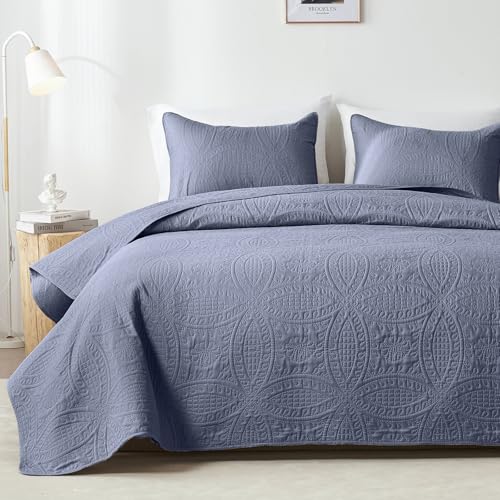 akkialla King Size Quilt Set,Bluish Grey Ultrasonic Bedspread,Lightweight Soft Coverlet with Modern Coin Pattern,All Season California King Bedding Set,3 Piece Set(1 Quilt,2 Pillow Shams)