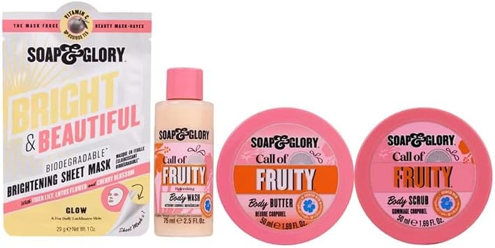 NEW Soap Glory Bright and Fruity-ful 4 Piece Gift Set, Shower Gel, Body Scrub, Body Moisturiser, Face Mask | Complete SET | LIMITED TIME | VERSATILE COLLECTION