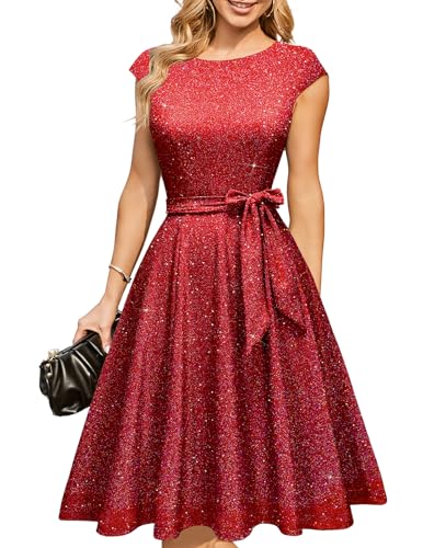 DRESSTELLS Red Sparkly Sequin Christmas Holiday Party Dresses for Women 2025, Glitter Cocktail Formal Wedding Guest Mother Bride Midi Gala Dress L