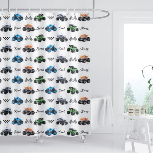 Image of Kids Monster Truck Shower Curtain Cool Boys Cartoon Cars Inspirational Motivational Words Blue Green Orange Bathroom Decor Waterproof Fabric 72Lx72W inch with 12PCS Hooks