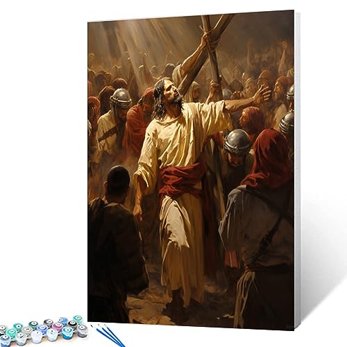Everyone Gathered Around Jesus Paint by Numbers for Adults Beginner Kids Christ Savior Oil Painting Kit on Canvas with Brushes Acrylic Pigment Arts Religion Style Home Decor 16x20In (Frameless)