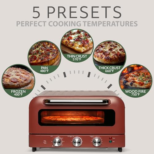 Image of WILLOW Eco Series Electric Indoor Pizza Oven - 1800W, 5 Presets, Heats up to 750F, Countertop Pizza Maker with 12 inch Ceramic Stone for Pizzeria-Style Crust, Scraper and Cutter Included - BURGUNDY