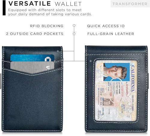 Image of Contacts Genuine Leather Money Clip Wallet Slim Front Pocket RFID Blocking Card Holder Minimalist Mini Bifold for Men's | Up to 11 Card Slots Including 1 ID Window & 1 Bill Compartment (Blue)