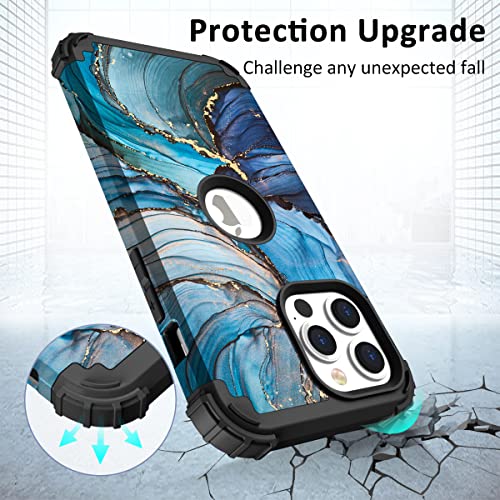 Pixiu Compatible With Iphone 13 Pro Max 6.7 Inch Marble Case, Heavy Duty 3 Layer (Silicone+Plastic) Shockproof Full-Body Protective Sturdy Hybrid Case For Apple Iphone 13 Pro Max 2021 Blue #TOP1