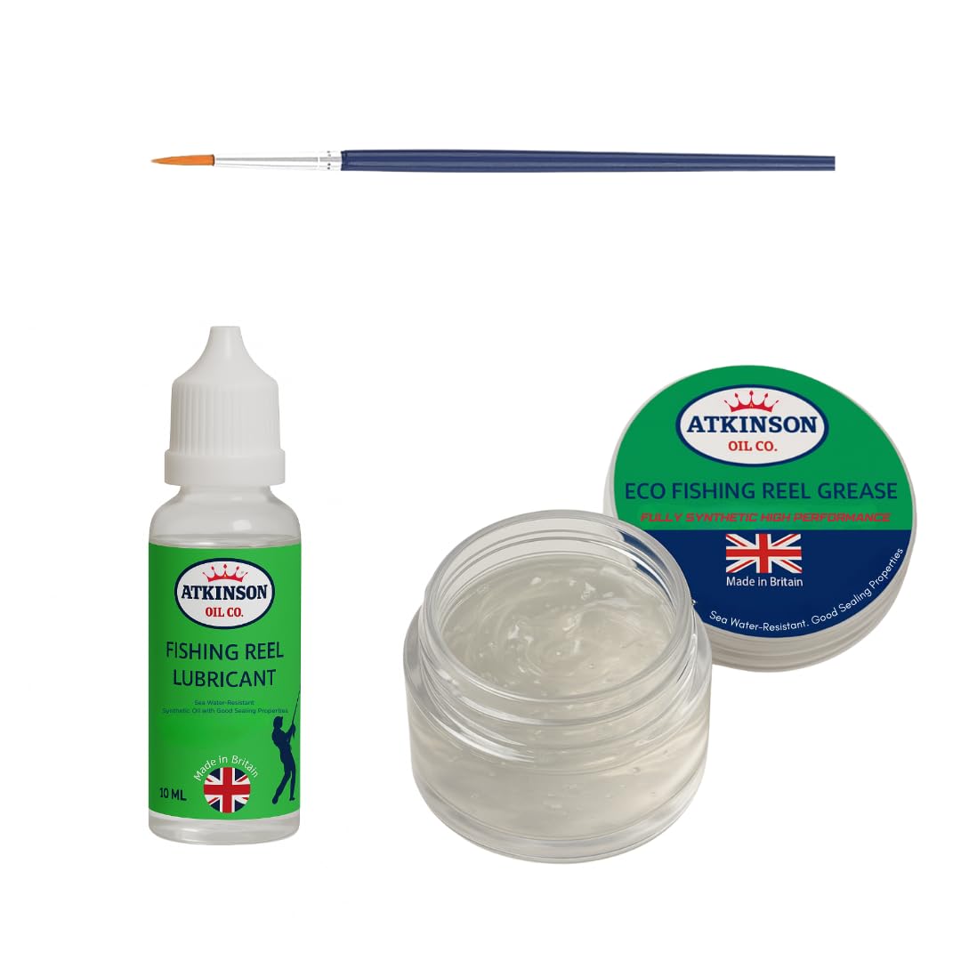 Atkinson Oil Co. Fishing Reel Maintenance Kit – Synthetic Reel Oil 10 ml & Reel Grease 10 g | Smooth Operation, Corrosion Protection & Long-Lasting Performance