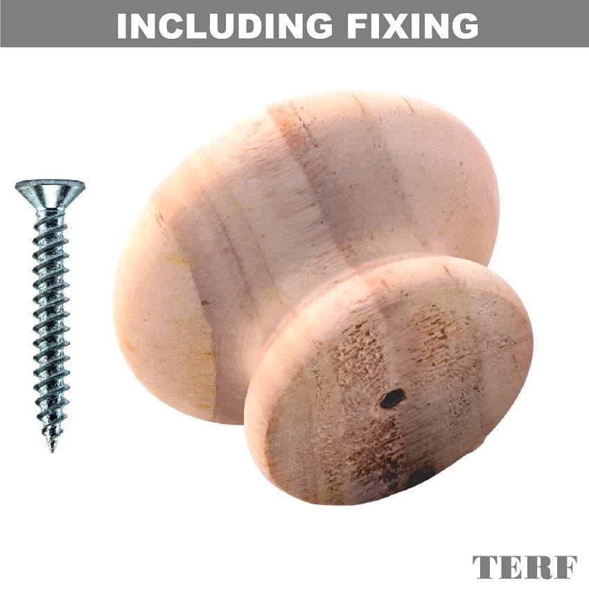 TERF® Traditional Unlacquered Pine Wooden Cupboard Cabinet Door Knob 50mm Drilled Wood Knob with Fixing for Chest Drawer Cupboard Kitchen Wardrobe Door Pull Handle Knobs - Image 2
