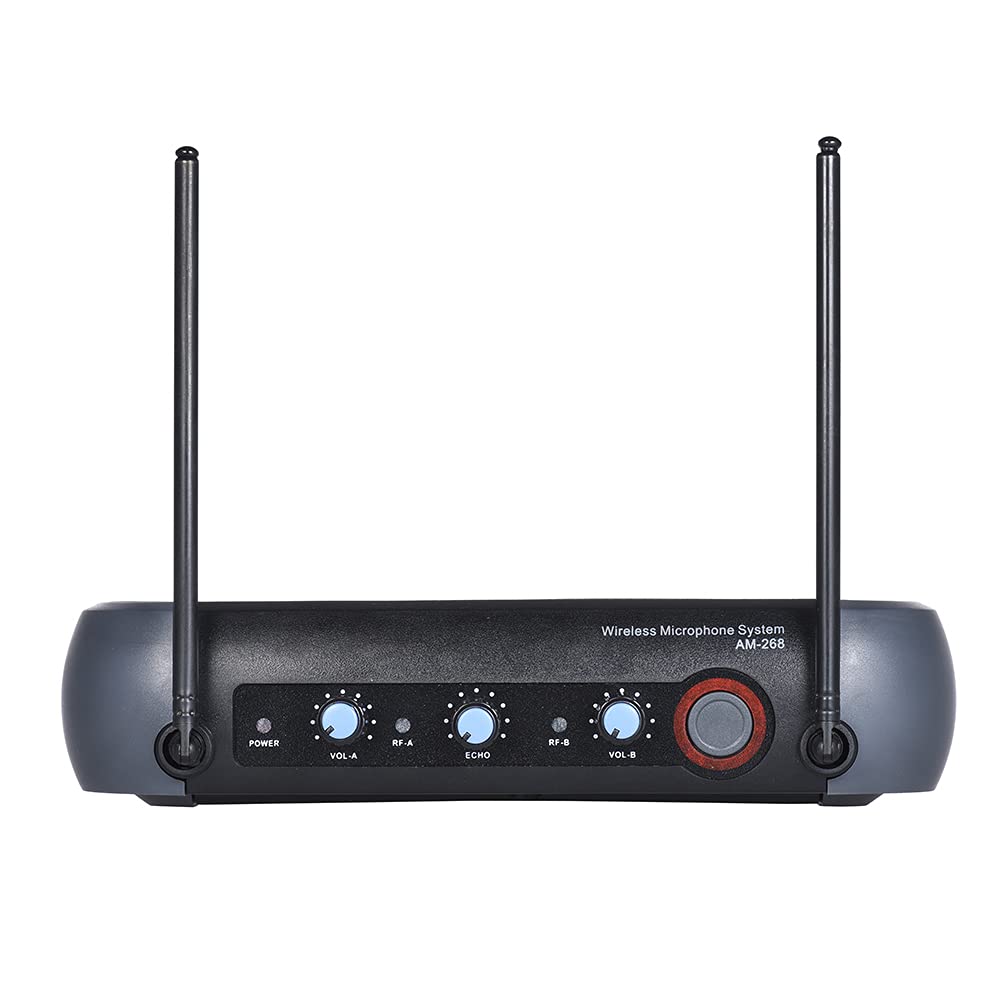 Micrófono de Mano Inalámbrico VHF de Doble Canal con Función Eco 2 Micrófonos y 1 Receptor 210-280MHz Distancia de Trabajo 40 Metros Cable de Audio de 6,35 Mm para Karaoke Fiesta Familiar