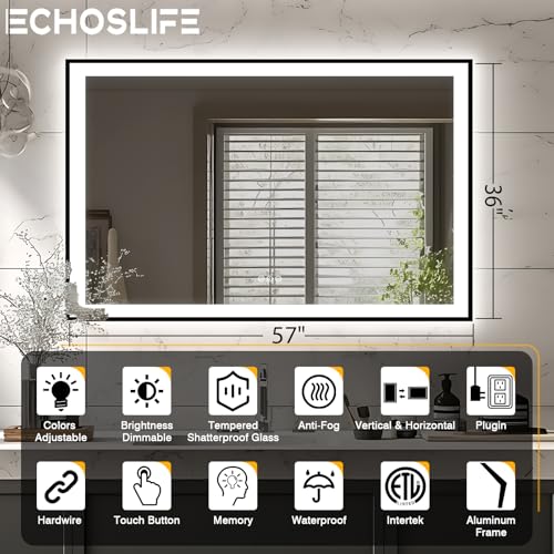 57x36 LED Light Mirror for Bathroom - Black Framed Mirror (Front and Backlit), Anti-Fog Bathroom Vanity Mirror, Stepless Dimmable Lighted Mirror, Tempered Glass, Memory (Horizontal/Vertical)