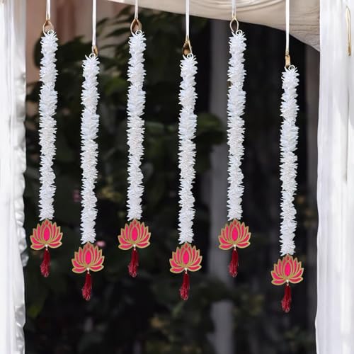Image of Rajasthan Kraft Artificial Gajra & Wooden Lotus Hanging Pack of 6 | 32 Inch Long | Artificial Garland Set | White Floral Door Hanging | Mandir Decorations Items for Sankranti, Ugadi, Gudi padwa.