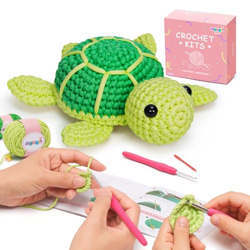 Mewaii Crochet Kit for Beginners, Complete DIY Crochet Kit Animals with 40%+ Pre-Started Tape Yarn Step-by-Step Video Tutorials for Adults and Kids (Turtle)(MEDO000CRO0823G0-A)