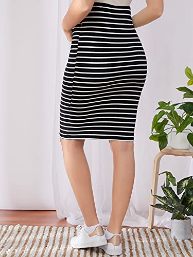 Makemechic Women's Stretch High Waist Midi Maternity Pencil Skirt Pregnancy Skirts Stripe Black M #TOP1