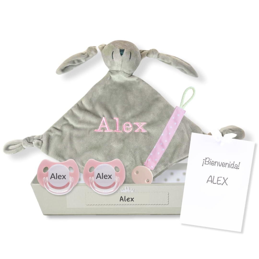 Prezioso regalo per la nascita | 2 Ciucci per Bambini con Nome (bianco i rosa) | de 0|6 Mesi e Portaciuccio i doudou | Senza BPA | Presentato in una scatola elegante personalizzata | BebeDeParis