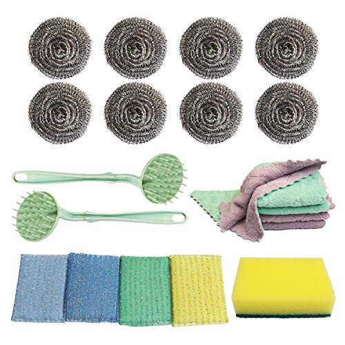 PLAN LIFE 20 Pack Households Cleaning Set Stainless Steel Sponges Scrubber with Handle, Cleaning Cloth Kitchen Rags, Dish Cleaning Sponge for Pan Dishes Stove Pot