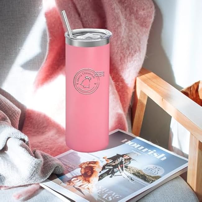 16 Pack Stainless Steel Skinny Tumblers Bulk Straight Double Wall Powder Coated Insulated Tumbler with Lid and Straw for Laser Engrave, DIY Gift, 20oz Light Pink