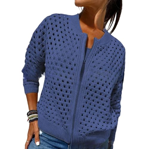 Womens Zip Up Crochet Cardigan Sweater, Women's Casual Hollow Knitwear Zipper Jacket, Fishnet Knit Shrugs Sweater Jacket