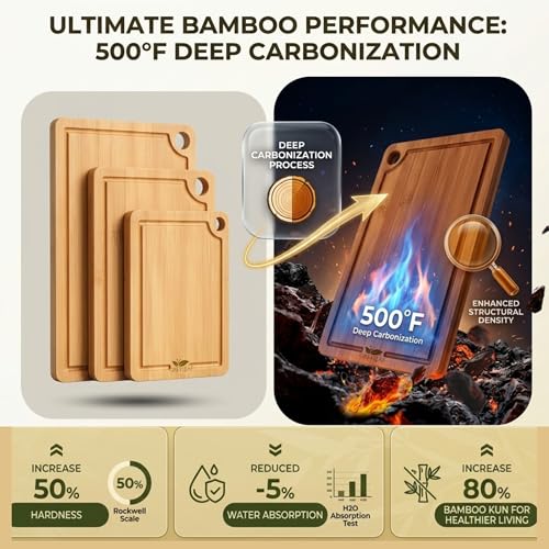 Juego de 3 Tablas de Cortar de Bambú con Ranuras para Jugos, Mangos Integrados y Alfombrillas Antideslizantes, Tablas Reversibles de Madera para Preparación de Alimentos en la Cocina: Carne, Verduras, Frutas, Pan y Queso miniatura 3
