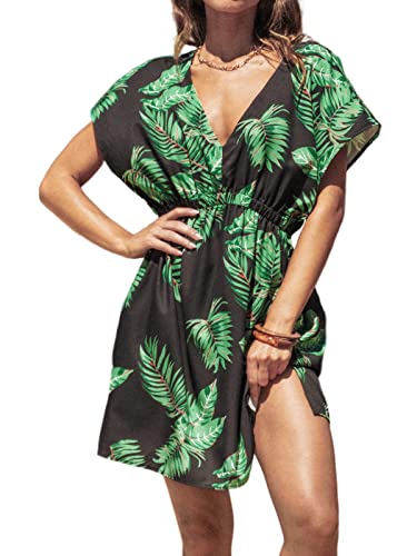 Image of CUPSHE Women's Swimsuit Coverup Casual V Neck Beach Dress Short Sleeve Elastic Waist Swimwear Cover Ups 2026 Beachwear