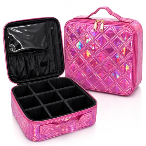 Image of SHAMAX Professional Makeup Case Organizer Bag for Women, Travel Cosmetic Kit Vanity Box with Adjustable Dividers, Portable Beauty Makeup Organiser & Cosmetic Travel Pouch | (Holographic Pink)