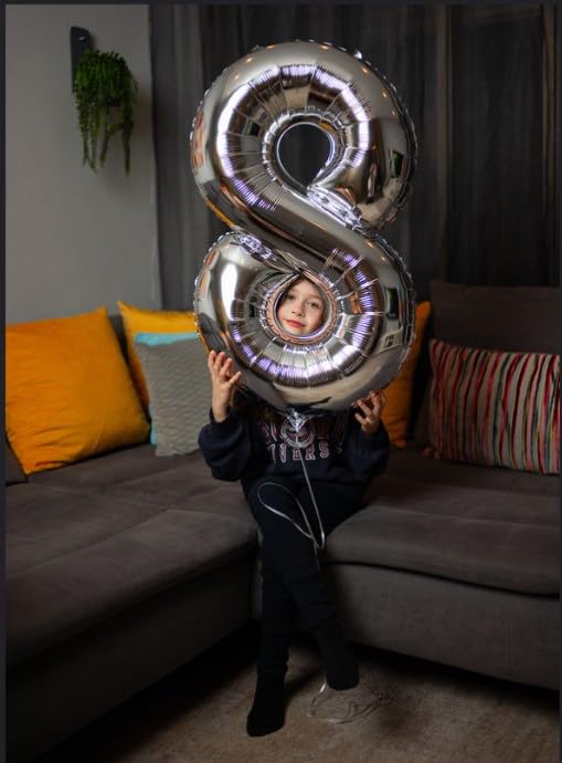 Image of Silver 8 Balloon, Number Balloons 40 Inch, 8th Birthday Decorations, Silver Birthday Balloons, Silver Party Supplies, Number 8 Balloon