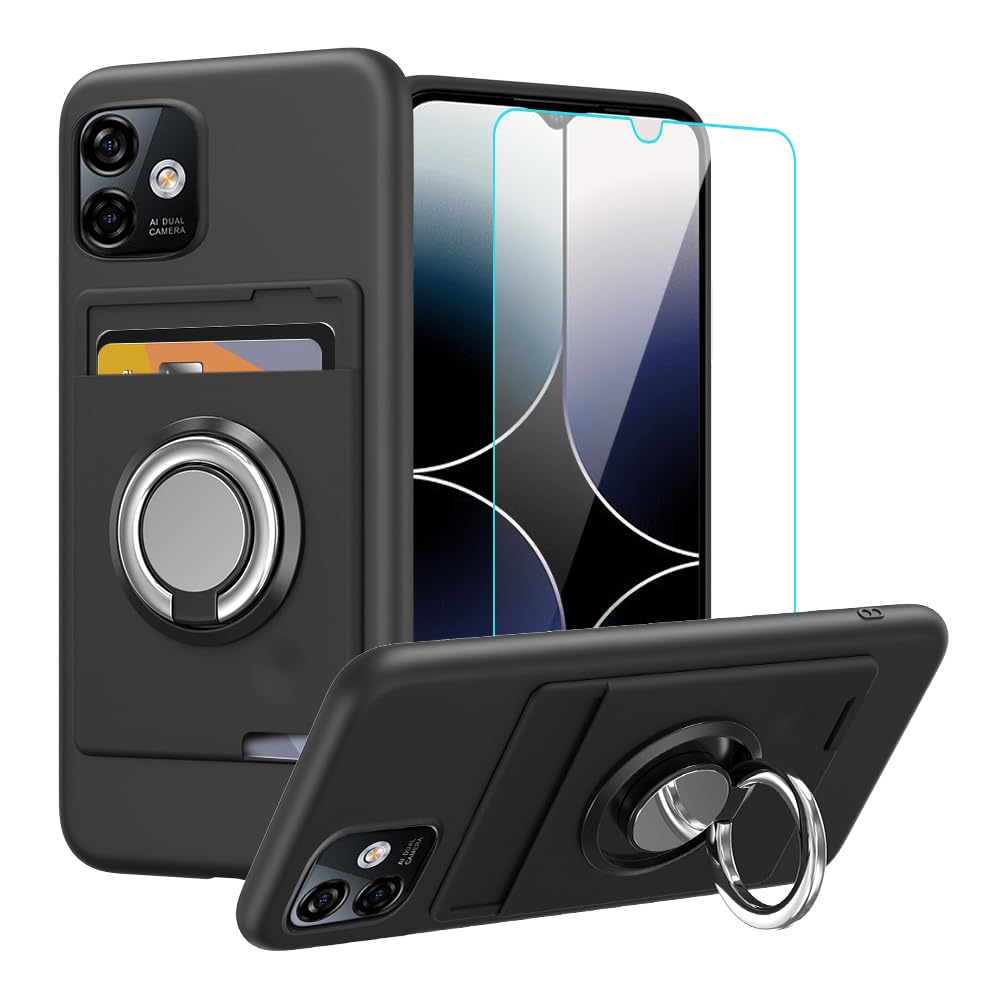 for Ulefone Note 16 Pro Phone Case with Tempered Glass Screen Protector, Card Holder with Ring stand case for Ulefone Note 16 Pro Cover - Black