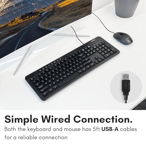 Wired Keyboard and Mouse Combo, Macally Slim Full Sized Ergonomic USB Keyboard and Mouse Wired - Quiet Wired Mouse and Keyboard - Wire Corded Keyboard for Laptop and Desktop PC Computer