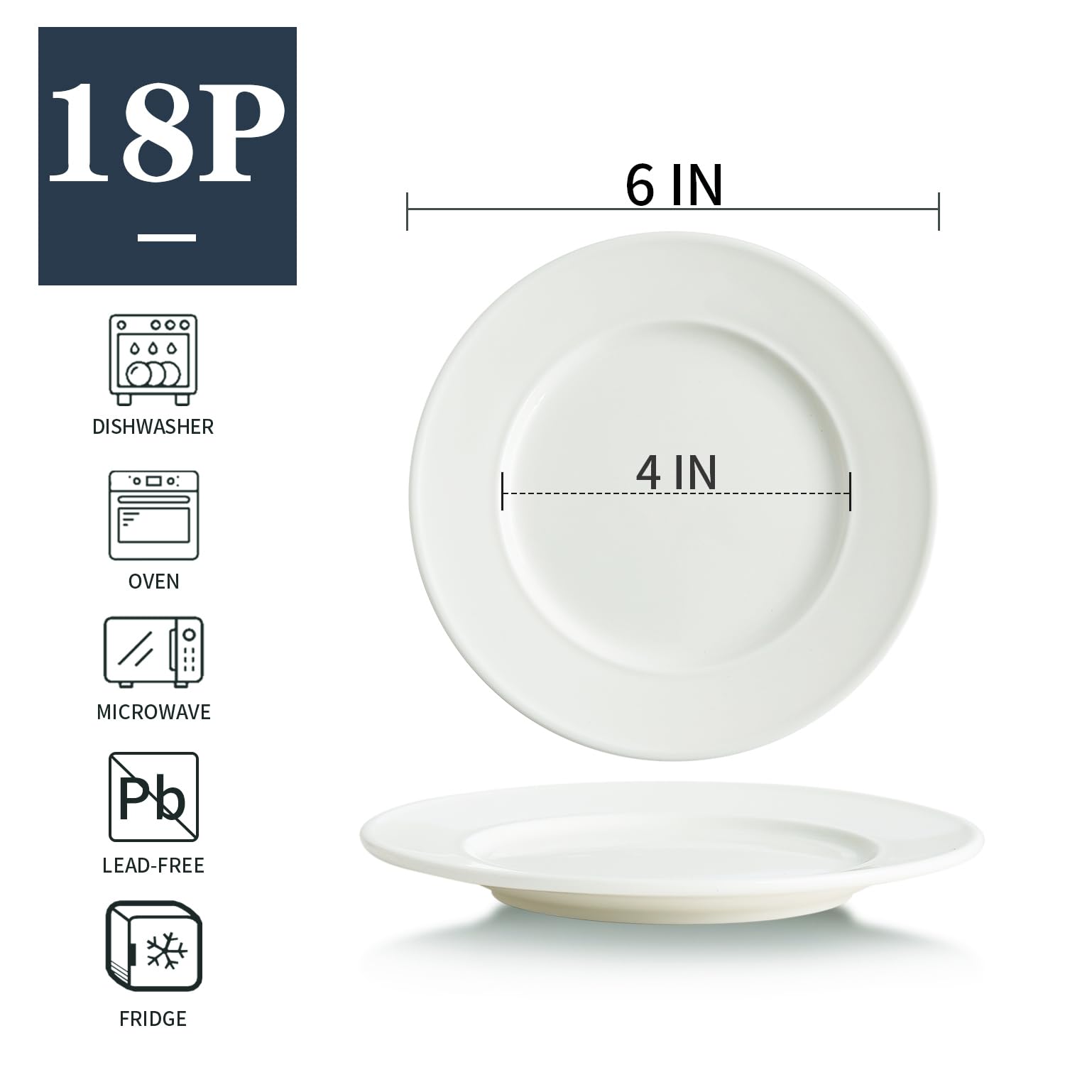 Platos llanos de cerámica de 6 pulgadas, color blanco clásico, platos de porcelana para postres, salsa y aperitivos, gofres, pasteles, juego de 18, aptos para microondas, horno y lavavajillas