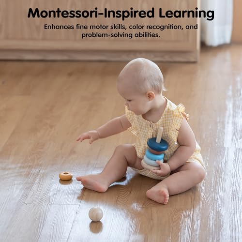 Image of PlanToys Stacking Ring Wooden Montessori Fine Motor and Early Learning Toy in Orchard Shade | Early Coordination and Colour Sorting Activity | Eco Friendly Stacking Ring Set for Meaningful Play