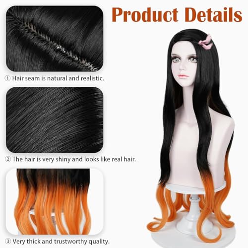 Image of LABEAUTE Nezuko Cosplay Wig for Anime Black Orange Wig, Women Adult Long Halloween Character Costume Wigs Cosplay Clothes for Demon Slayer