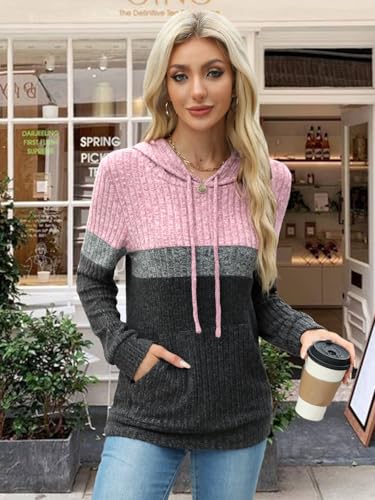 MixShe Women’s Color Block Knit Hoodie – Casual Long Sleeve Pullover Sweater Tops with Pocket