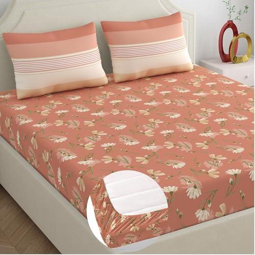 Image of Dreamscape 100% Cotton Fitted Queen Bedsheets with 2 Pillow Covers Cotton (Size 60 x 78 inches, 140TC, Colour Brown)