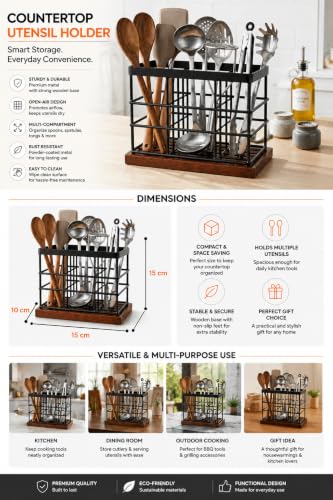 Image of MS Craft World Wooden Cutlery Holder with Metal Stand | Spoon Holder for Kitchen, Fork Organizer for Dining Table, Utensil Holder for Kitchen Counter | Rustic Wood Finish (Rectangular)
