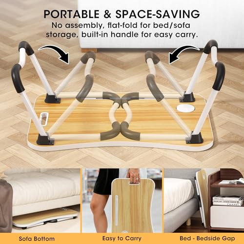 Image of Folding Lap Desk, 23.6 Inch Wood Laptop Bed Desk with Cup Holder, Portable Bed Table for Working Writing Reading, Eating for Bed, Floor, Sofa, Couch - Yellow