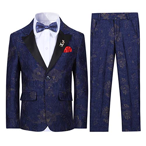 Boys Shiny Blue Pattern Paisley Suit Slim Fit 3 Pieces Suit Set Jacket Trousers Colorful Bowtie #TOP19