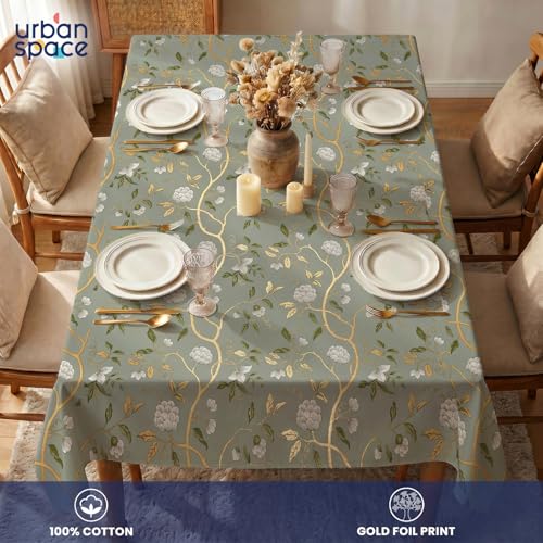 Image of Urban Space 100% Cotton Dining Table Cover for 6 Seater, Gold Foil Printed Cotton Table Cloth for Center Table, Dining Room Table Cover (Size 48 inch x 92 inch - 6 Seater, Zari Baagh Sage Green Gold)