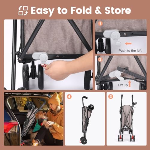 3-in-1-Haustier-Kinderwagen für kleine Hunde und Katzen, faltbarer Haustier-Kinderwagen mit verstellbarem Griff, 4 Räder, atmungsaktives Netzgewebe, großes Fassungsvermögen (Kaffee)