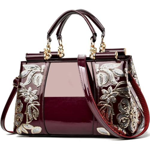 XingChen Bolsa feminina de couro envernizado moderna, dupla face, bordada, bolsa de ombro com alça superior, Vinho, One Size