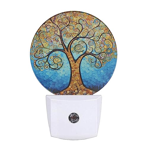 Image of EKOBLA Abstract Tree with Gold Leaves Night Light, Tree Oil Painting Night Lights Plug Into Wall with Dusk to Dawn Sensor for Bedroom, Bathroom, Living Room