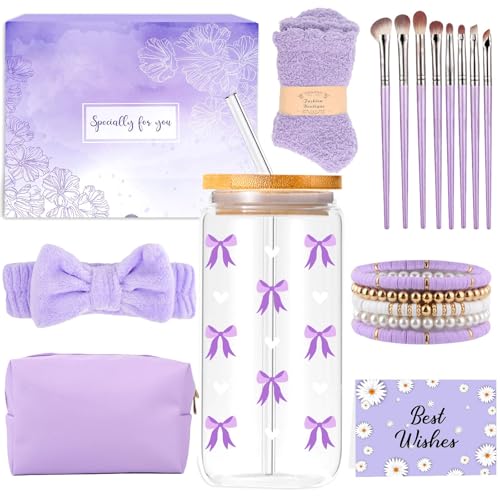 Geschenke für Mädchen Teenager 8 9 10 11 12 13 14 15 16 Jahre Geburtstag Geschenk Mädchen Glasbecher Trinkglas mit Strohhalm und Deckel Schminkpinsel Kosmetiktasche Armband Socken Haarband Girl