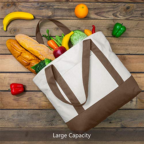 Image of TOPDesign 1-Pack Canvas Tote Bag with an External Pocket, Reusable Grocery Shopping Bag, Top Zipper Closure, Daily Essentials (Brown /Natural)