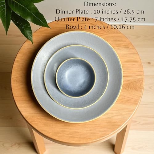 Image of Hand Painted Ceramic Dinnerware Set - 18 Pieces | 6 Dinner Plates, 6 Small Plates, 6 Katori Bowls | Earthy Blue | Microwave & Dishwasher Safe | Perfect for Home & Gifting