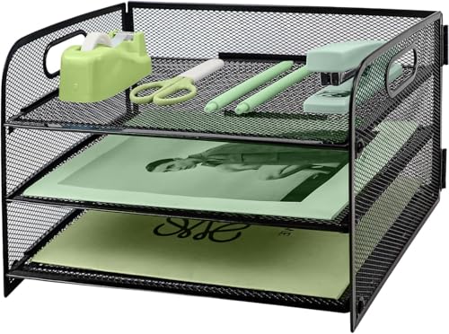 Paper Letter Tray with Handle, 3 Tier Metal Mesh Desk File Organizer, A4 Paper Desktop Filing Trays, Desk Tidy Magazine Document Holder for Home Office, Purple